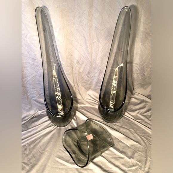 Viking Taperglow Stretch Glass PAIR Candle Holders SMOKE GRAY & matching basket